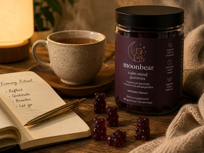 Cosy evening ritual with moonbear gummies, tea and a journal
